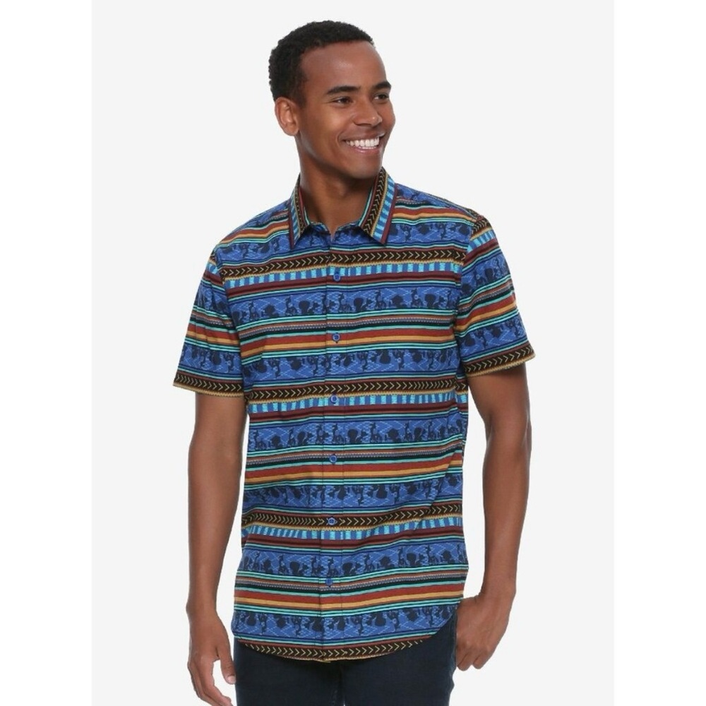 Disney Mens Multicolor Striped Short Sleeve Button-up Tribal Print Shirt Size XL